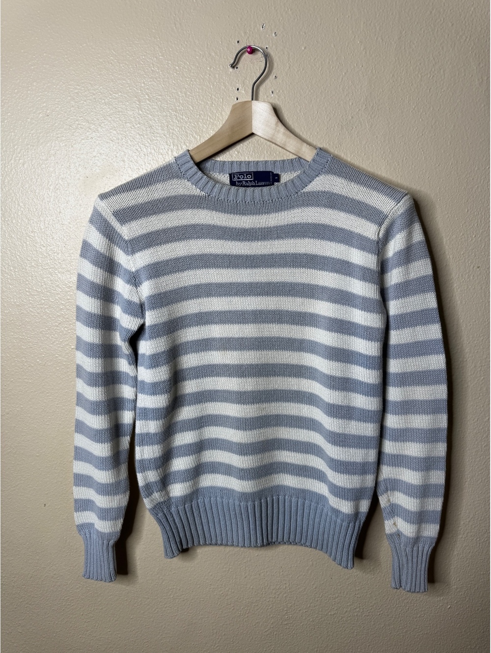 VTG Polo Ralph Lauren Sweater Mens Small Blue White Striped Cotton Crewneck